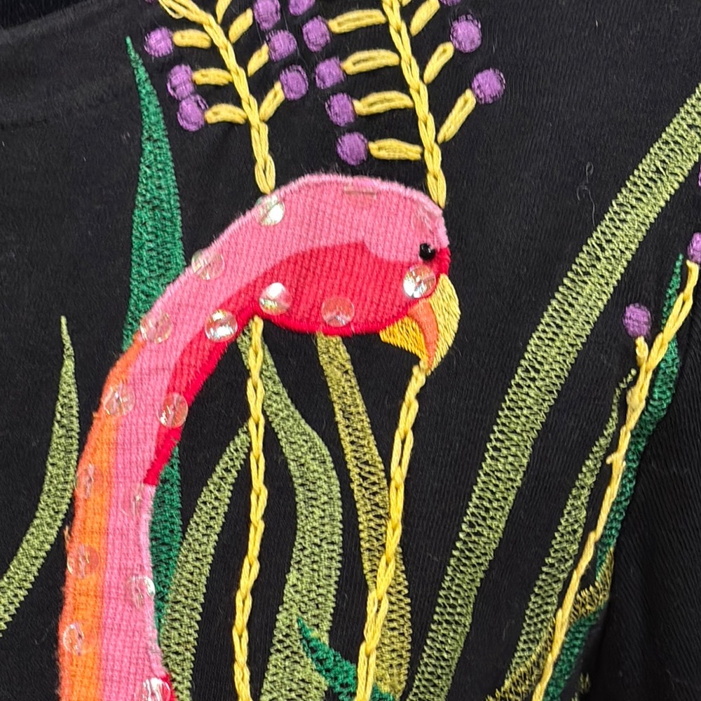 Parsley & Sage Black Cardigan Top with Sequin, Appliqué, Embroidered Flamingos - Picture 4 of 9
